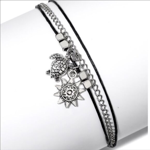 Silver Black Multi Charm Sun, Sea Turtle, Beads Anklet Set - Picture 3 of 6